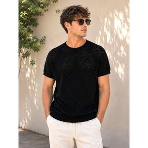 Massive Luxury Men’s Black Open Knit Cotton Sweater L Crochet Crewneck NWT